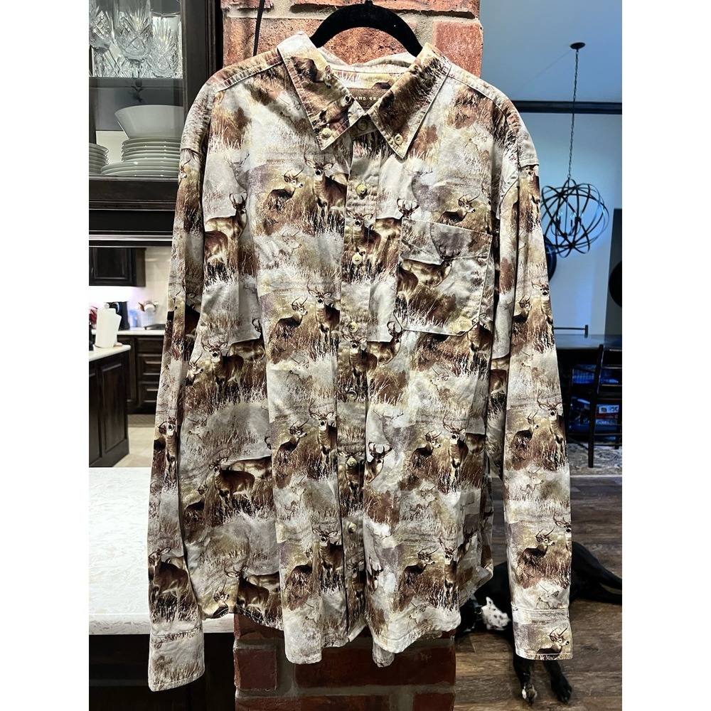 Woodland Trail Deer Buck All over Print 100% Cotton Hunting Casual Shirt XL